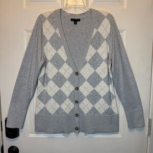 Banana Republic V-Neck Button Front Cardigan Women’s Size XL Gray Argyle Sequin